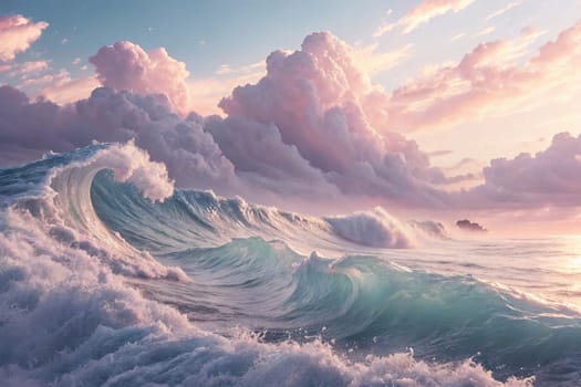 A breathtaking photograph of a huge ocean wave crashing against the shore. The sky is filled with dramatic, pink clouds at sunset, creating a stunning and powerful scene. A high-quality photo.