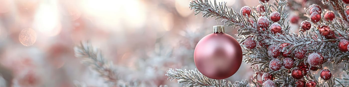 Magenta Christmas Ornament on Tree Branch with Text Space. Gener