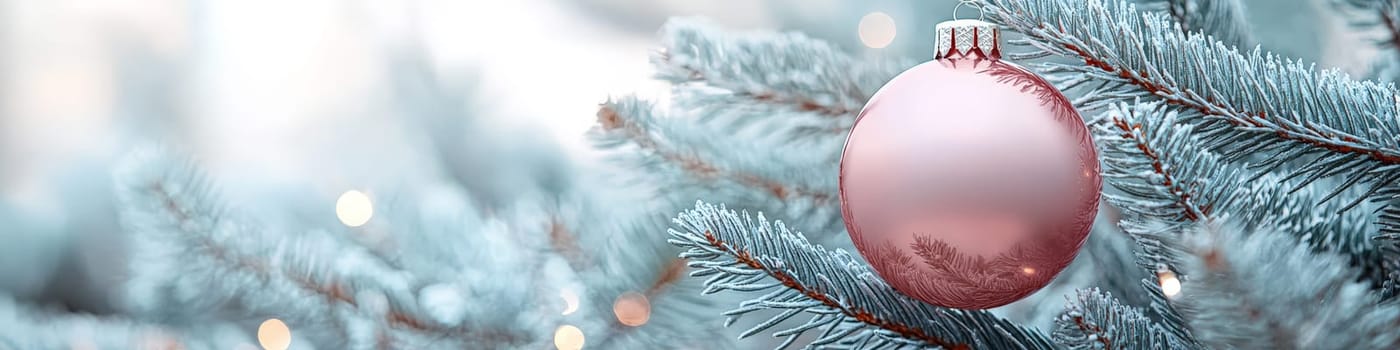 A bright magenta Christmas ornament hanging on a lush green branch of a live Christmas tree, set against a clean white background. The composition includes one-third of the image as blank space, perfect for adding festive text or branding in holiday promotions.