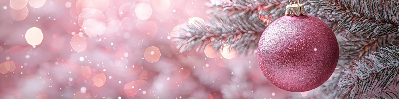 A bright magenta Christmas ornament hanging on a lush green branch of a live Christmas tree, set against a clean white background. The composition includes one-third of the image as blank space, perfect for adding festive text or branding in holiday promotions.