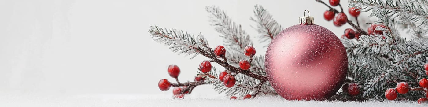 A bright magenta Christmas ornament hanging on a lush green branch of a live Christmas tree, set against a clean white background. The composition includes one-third of the image as blank space, perfect for adding festive text or branding in holiday promotions.