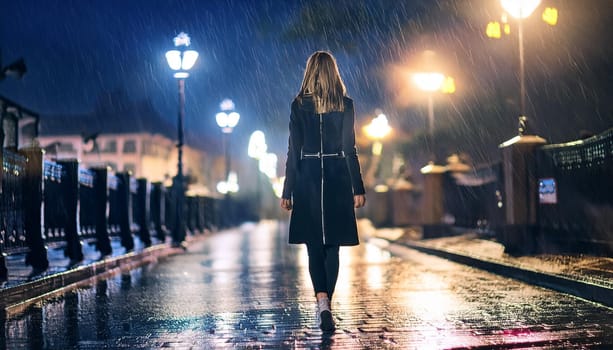 gorgeous elegant woman walking alone at night in the city centre, AI generated image