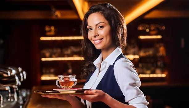 beautiful barmaid serving cup of tea, AI generated image
