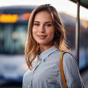 pretty young woman waiting for transport at bus stop, AI generated image