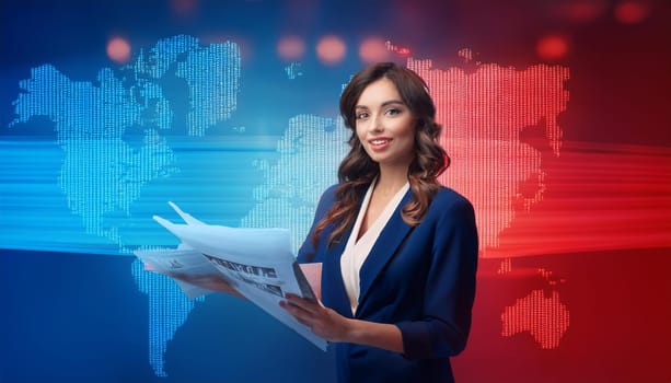 gorgeous female journalist in news tv studio, AI generated image