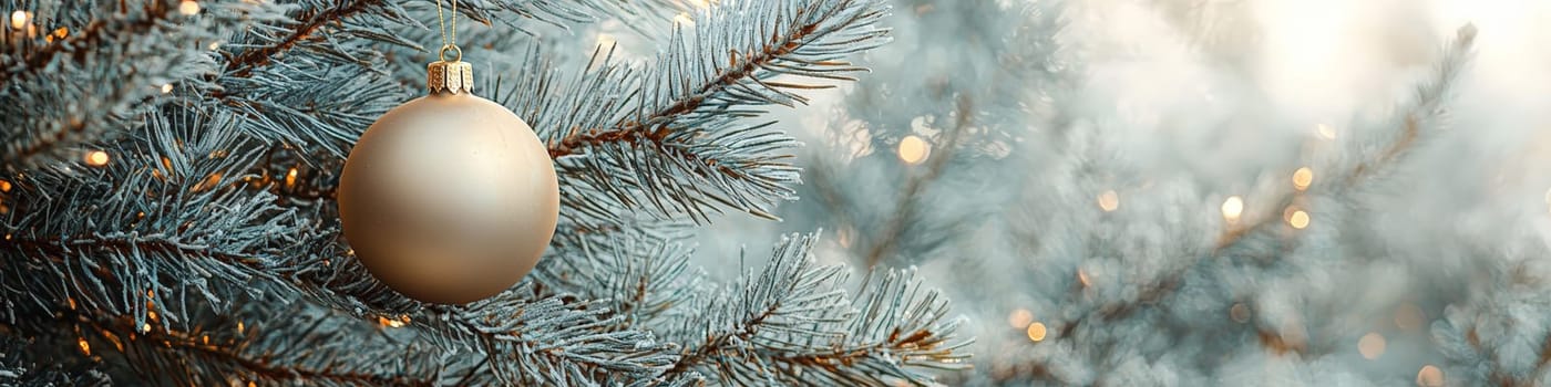 A glossy golden Christmas ornament hangs elegantly on a lush green pine branch, set against a pristine white background. This minimalistic setup includes one-third of the image as blank space, perfect for adding festive text or holiday branding elements.