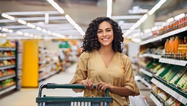 gorgeous young woman shopping in supermarket, AI generated image