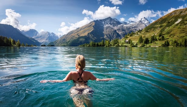 pretty young swimming woman in mountain lake, AI generated image