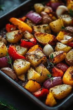 a rustic baking sheet filled with freshly roasted vegetables, including colorful peppers, onions, potatoes, zucchini and whole garlic cloves. Ai generative.