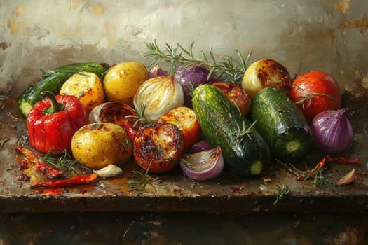 a rustic baking sheet filled with freshly roasted vegetables, including colorful peppers, onions, potatoes, zucchini and whole garlic cloves. Ai generative.