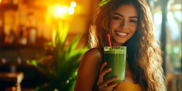sitting smiling young woman drinking matcha tee. AI generative.