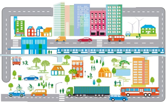 City overview with traffic and houses, information illustration