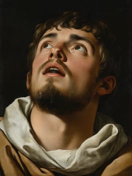 st Francis of Assisi, young man, monk, beard, brown clothing, AI generative.