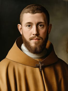 st Francis of Assisi, young man, monk, beard, brown clothing, AI generative.