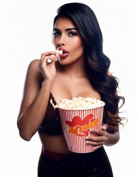 gorgeous young woman eating pop corn, AI generated image