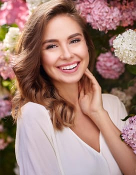 gorgeous young woman flowers in the background, AI generated image