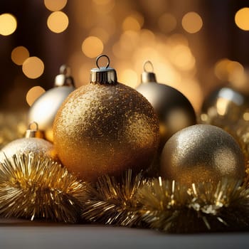 Tinsel and baubles for Christmas tree decoration, AI generated image