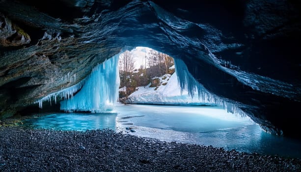 cave with icy water, AI generated image