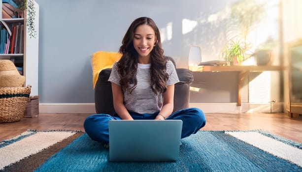 young female student seated on the floor with laptop pc, AI generated image
