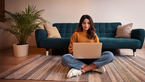 young female student seated on the floor with laptop pc, AI generated image