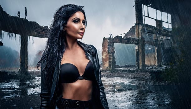gorgeous goth woman in abandoned factory ruins, AI generated image