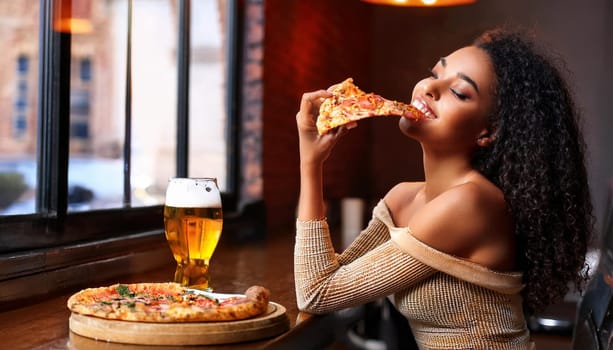 gorgeous young woman eating pizza and drinking beer, AI generated image