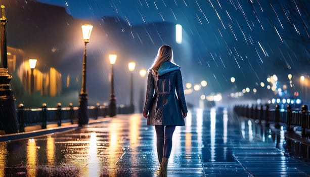 gorgeous elegant woman walking alone at night in the city centre, AI generated image