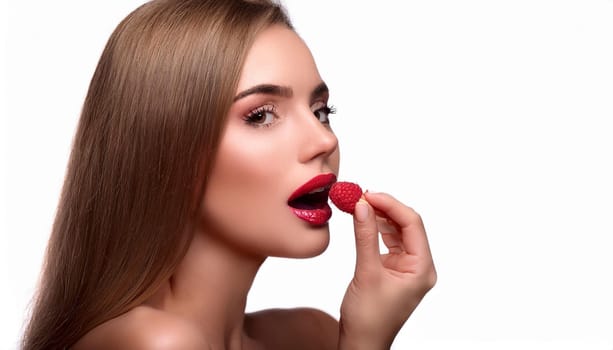 gorgeous young woman eating raspberries, AI generated image