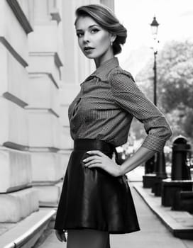 pretty young woman in black and white in miniskirt, AI generated image