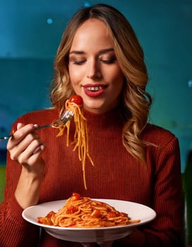 pretty young woman eating spaghetti al pomodoro, AI generated image
