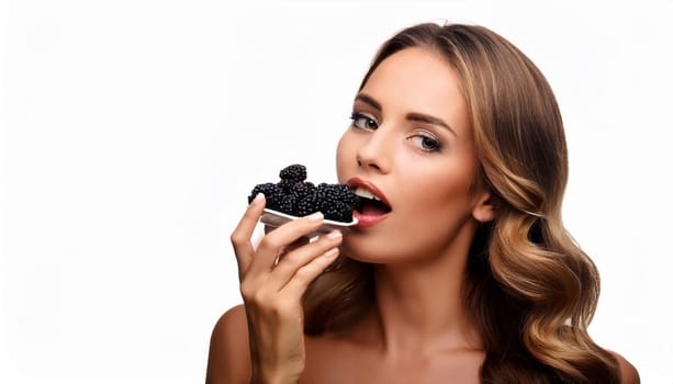 gorgeous young woman eating blackberries, AI generated image