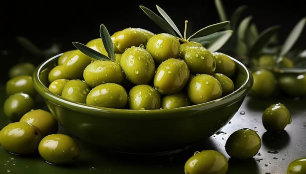 bowl of green olives vegan food, AI generated image