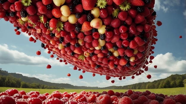 A surreal image of a giant pile of various berries, cascading down towards a field, creating a sense of abundance and nature's bounty. A high-quality photo.