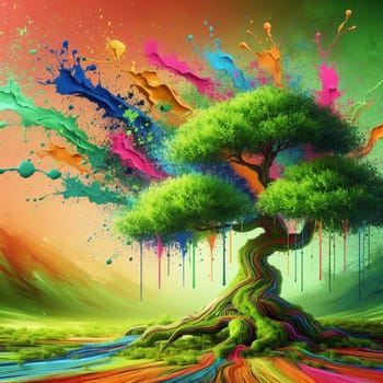 A colorful and abstract painting of a tree with vibrant, flowing paint splatters, symbolizing growth, creativity, and the beauty of nature. A high-quality photo.