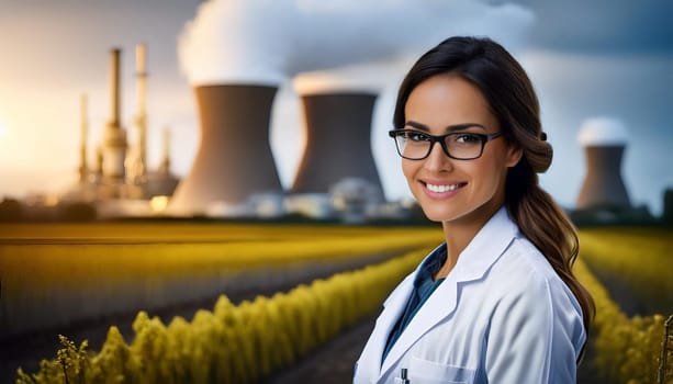 young femal scientist in front of nuclear power plant, AI generated image