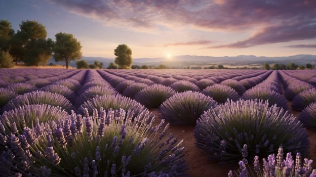 A breathtaking landscape of a lavender field at sunrise, with a row of trees in the background. A high-quality photo.