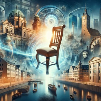 A surreal image of a wooden chair floating in the air, surrounded by a montage of historical buildings, clocks, and figures. A high-quality photo.