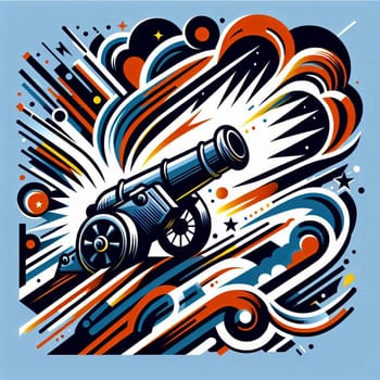 A colorful, abstract illustration of a cannon firing, with a burst of energy and geometric shapes surrounding it. A high-quality photo.