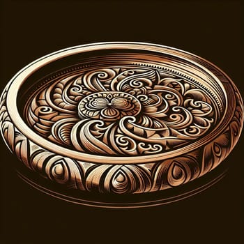 A close-up of a circular, ornate dish with intricate carvings, creating a sense of elegance and craftsmanship. A high-quality photo.