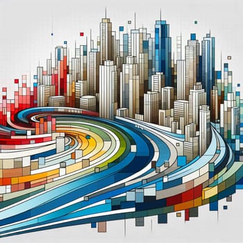 A colorful, geometric illustration of a city with buildings stacked on top of each other and a swirling, abstract path leading to the center. A high-quality photo.