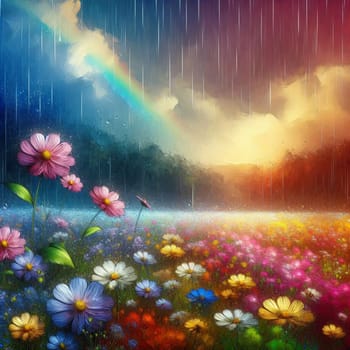 A colorful and dreamy painting of a field of flowers with a rainbow and rain falling from a stormy sky. A high-quality photo.