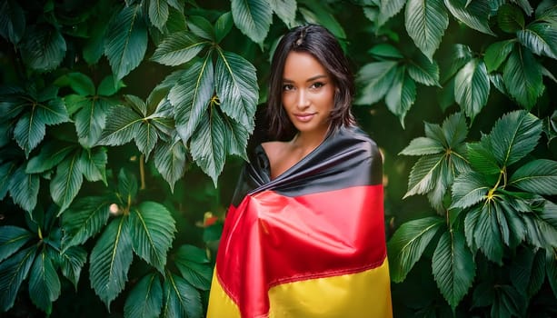 gorgeous woman wrapped in flag of germany, AI generated image