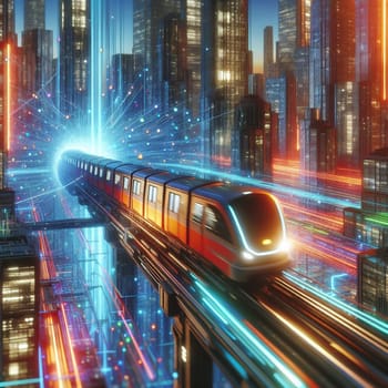 A futuristic cityscape with a train traveling through a digital portal, surrounded by glowing lights and data streams. A high-quality photo.
