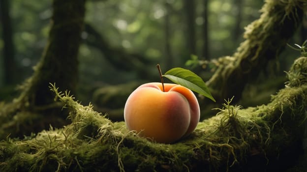 A close-up of a peach with a leaf, resting on a mossy branch in a forest. A high-quality photo.