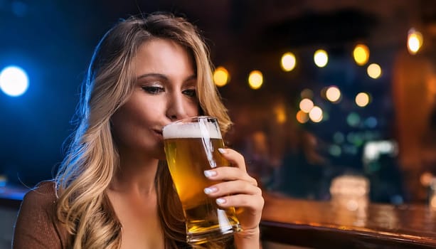 gorgeous young woman drinking beer at pub, AI generated image