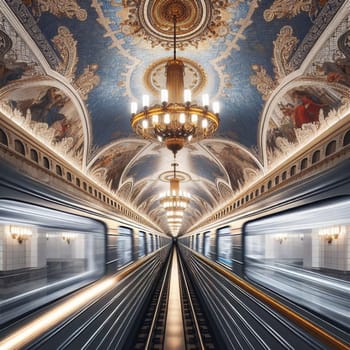 A symmetrical view of a subway train moving through a station with a beautiful, ornate ceiling. A high-quality photo.
