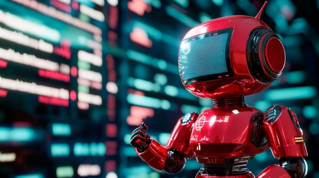 A red robot analyze stock market data. Wealth stock investing concept. AI generated