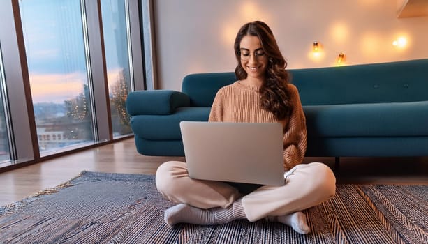 young female student seated on the floor with laptop pc, AI generated image