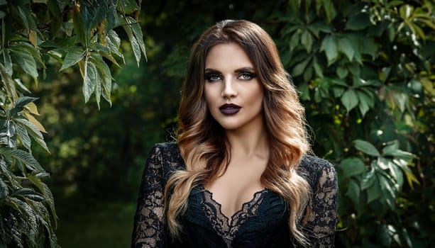 gorgeous young goth woman dressed in black, AI generated image