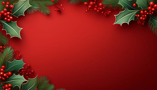 abstract red christmas background with holly and copy space, AI generated image